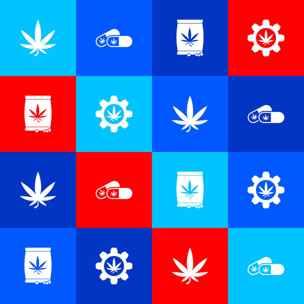 Conjunto de marihuana u hoja de cannabis, píldoras médicas con marihuana, semillas y probeta icono. Vector - Vector, imagen