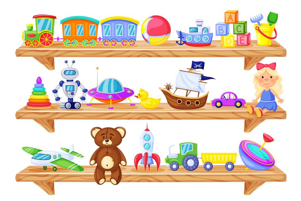 Toys on shelves. Cartoon wooden store shelf with kids toys baby doll, train, robot, teddy bear, rocket. Children plastic toy vector set - Vector, Image