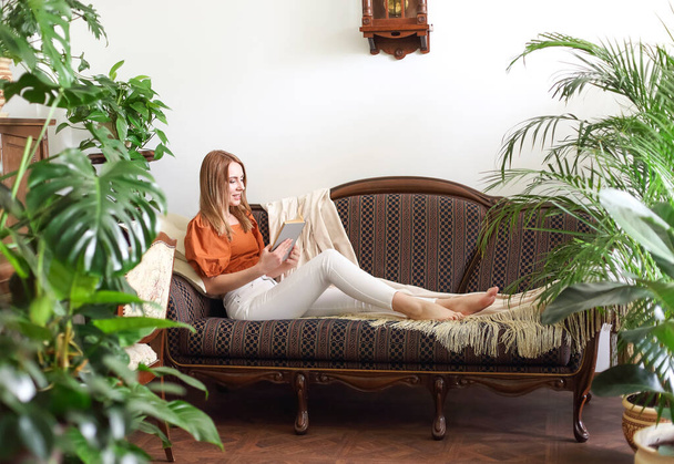 cuerpo completo descalzo hembra relajarse en el sofá y leer interesante libro en sala de luz decorada con plantas en maceta - Foto, imagen