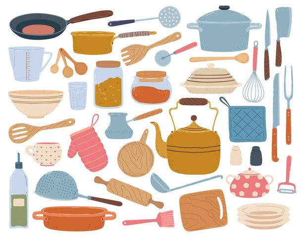 Mutfak aletleri. Spatula, kaşık, tava, bıçak, kase, tabak. Düz çizgi film mutfak gereçleri, yemek malzemeleri, pişirme ve pişirme ekipmanları vektörü seti - Vektör, Görsel
