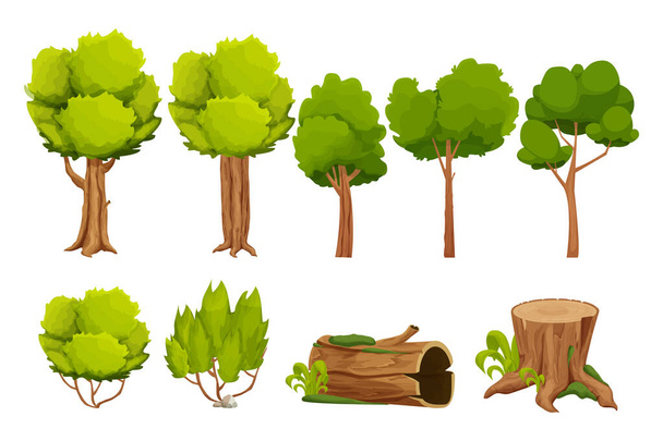 木々、切り株、古いトランク、ブッシュ、石杭と白の背景に隔離された漫画のスタイルで苔と森の自然要素の風景セット。UIアセット,コンピュータゲームインターフェースベクトル｜イラスト - ベクター画像