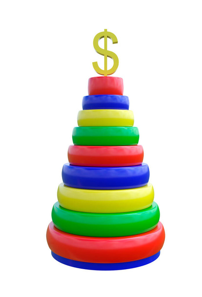 Pirâmide multicolorida composta infantil com um símbolo de dólar em cima. Conceito de pirâmide financeira. Renderização 3D. Branco para design. Layout. Isolado sobre fundo branco - Foto, Imagem