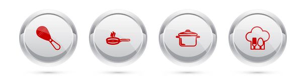 Set Küchenbesen, Pfanne, Kochtopf und Kochmütze mit Gabel und Löffel. Silberkreis-Knopf. Vektor - Vektor, Bild