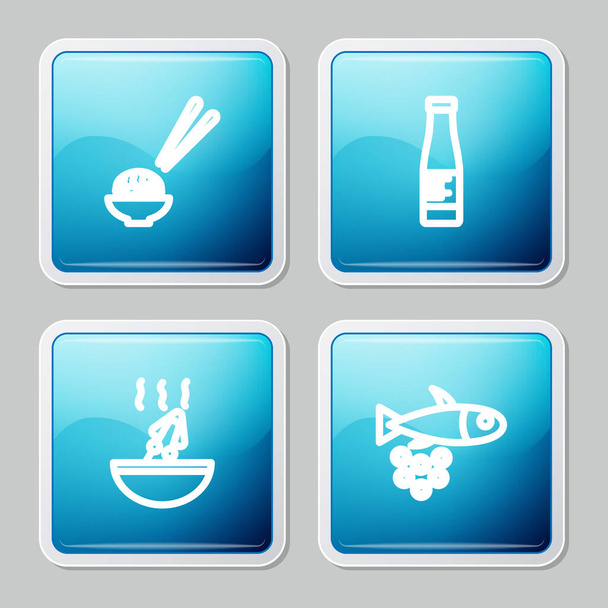 Linea di set Sushi, bottiglia di salsa, zuppa con polpo e icona di caviale di pesce. Vettore - Vettoriali, immagini