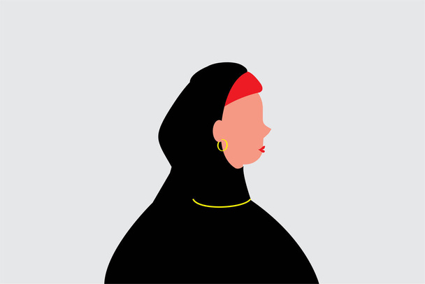 Femme arabe avec hijab, abaya et boucles d'oreilles. Aucun visage ne présente le caractère d'une femme arabe adulte dans la région du Moyen-Orient. Fille musulmane avec des tenues arabes. Journée de la femme égalité des sexes, concept de mouvement d'autonomisation des femmes. Illustration vectorielle plate. - Vecteur, image