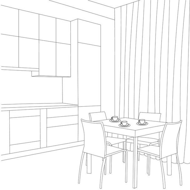keuken, stoel, stoelen, interieur, schets - Vector, afbeelding
