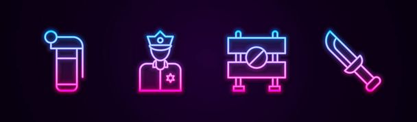 Set line Hand grenade, Police officer, Road barrier and Military knife. Glowing neon icon. Vector - Vector, Image