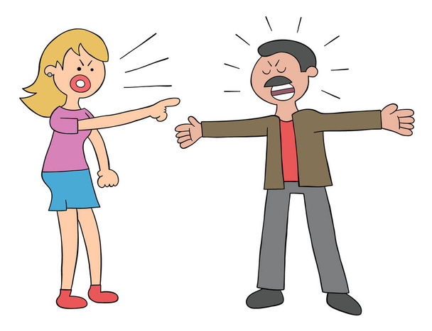 Cartoon wife and husband angry and arguing, vector illustration. Colored and black outlines. - Vector, Image