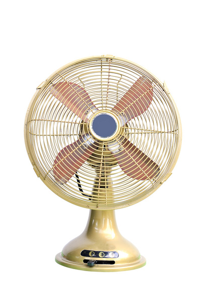 Винтажный желтый электрический вентилятор на белом фоне
  - Фото, изображение