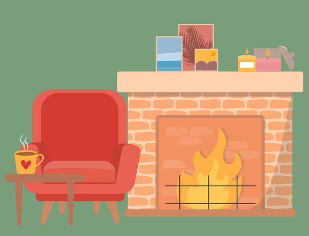 Sala de estar con chimenea y chear rojo. Muebles de estilo clásico y chimenea ardiente vector ilustración. - Vector, Imagen