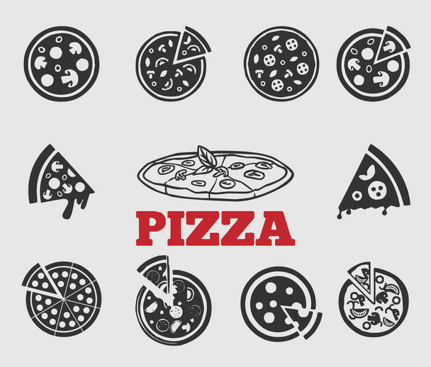 Black and white pizza or sliced pizza icon set on grey background for food industry presentation purposes - Vector, Image
