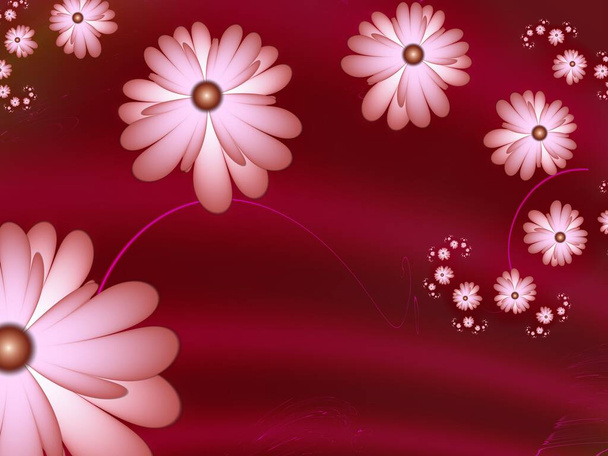 Rood fractal beeld met fantasie bloemen. Sjabloon met plaats voor het invoegen van uw tekst. Fractale kunst als rode achtergrond. - Foto, afbeelding