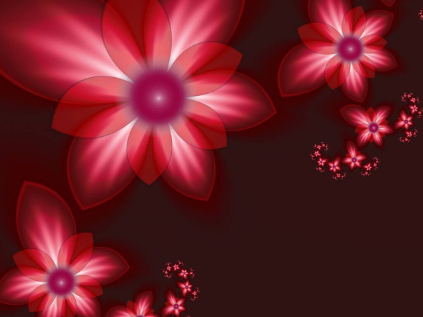 Imagem fractal com flores de fantasia. Modelo com local para inserir seu texto. Arte fractal como fundo vermelho. - Foto, Imagem
