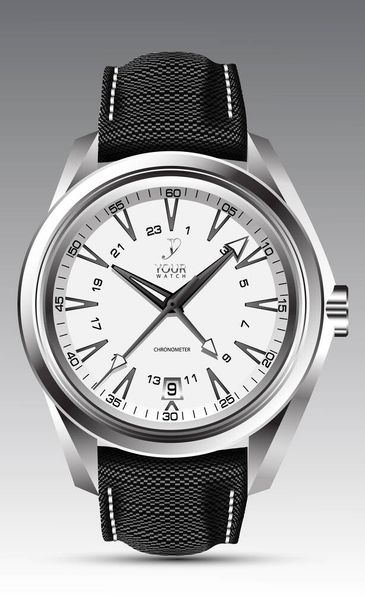 グレーのデザインの古典的な高級ベクトルイラスト上のファブリックストラップと現実的な時計の時計の時計の銀白色の顔の黒い矢印番号. - ベクター画像