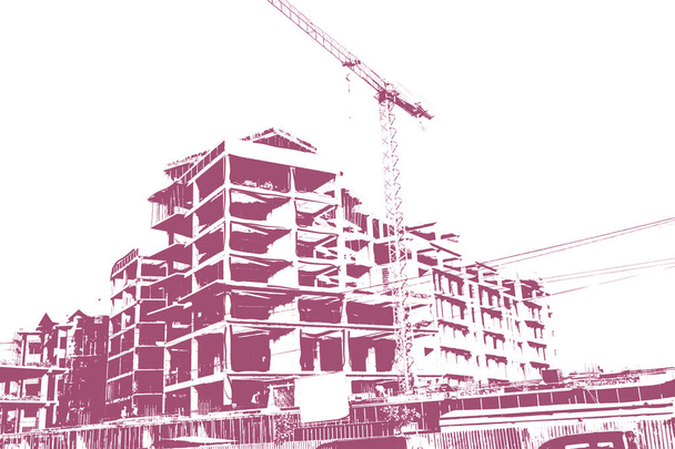 Yapım aşamasındaki çok katlı bir binanın kırmızı baskısı ve beyaz arka planda bir inşaat vinci. - Fotoğraf, Görsel