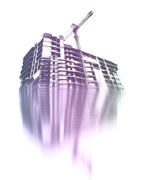 Πολύχρωμο αποτύπωμα πολυώροφου κτιρίου υπό κατασκευή και γερανού σε λευκό φόντο - Φωτογραφία, εικόνα