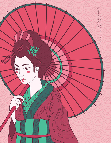 Frau mit Regenschirm in traditioneller Kleidung, Illustration im asiatischen Stil  - Vektor, Bild