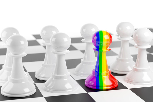 Шахматная пешка в цветах флага ЛГБТ. 3d иллюстрация. - Фото, изображение