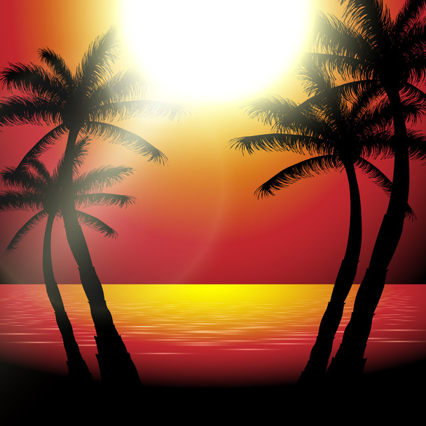 Vector summer sunset view in beach with palm trees - Vector, afbeelding