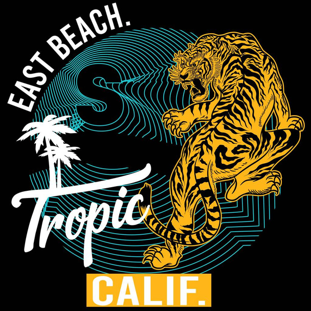 Tigre con testo East Beach Tropic CALIF. Tavola da surf design e sfondo nero - Vettoriali, immagini