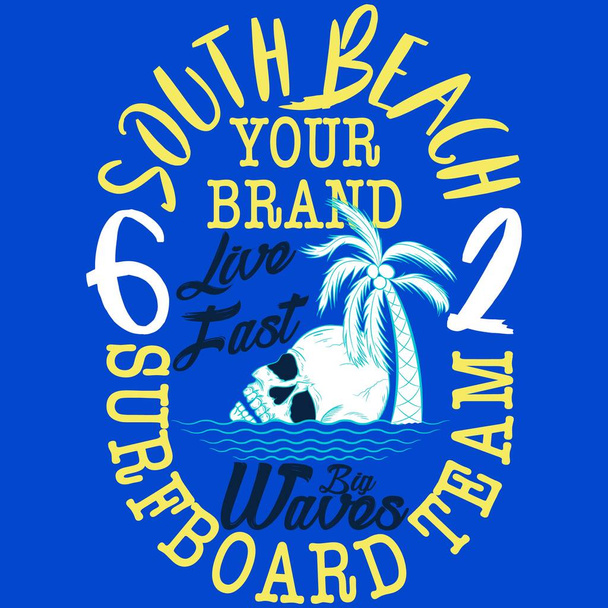 estilo cráneo surf con texto de palma y fondo azul - Vector, Imagen