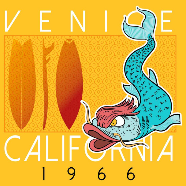 Cool fish with surfboards in background and text Venice California for fashion - Vector, Image