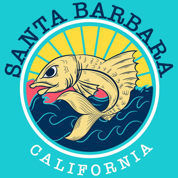Крутий дизайн риби в колі і тексті Санта-Барбара Каліфорнія в дизайні коледжу для моди - Вектор, зображення