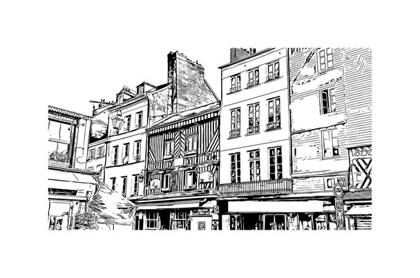 Print Building view with landmark of Honfleur is the commune in France. Hand drawn Hand drawn sketch illustration in vector. - Vector, Image
