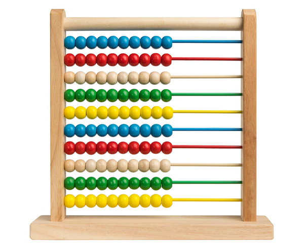 色ビーズのそろばん。白地にカラフルな木製のビーズを持つそろばん。1 〜 10色のビーズ。学校教育。就学前の数学の計算機。青、赤、緑、黄色. - 写真・画像