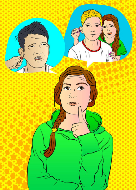 Woman pulling on her boyfriend's ears. Fun or punishment concept. Caucasian funny man with face expression. Comic book style vector illustration. - Vector, Image