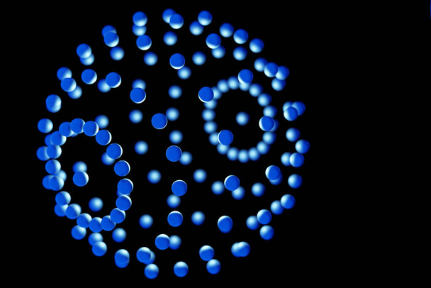 Ilustracja 3d niebieskiej kuli, składającej się z dużej liczby okręgu. Futurystyczny kształt, abstrakcyjne modelowanie. - Zdjęcie, obraz