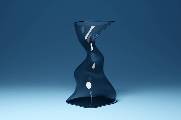 3D illustratie van een glazen transparante pijp met een ongewone vorm, gebogen in verschillende richtingen op een blauwgrijze achtergrond - Foto, afbeelding
