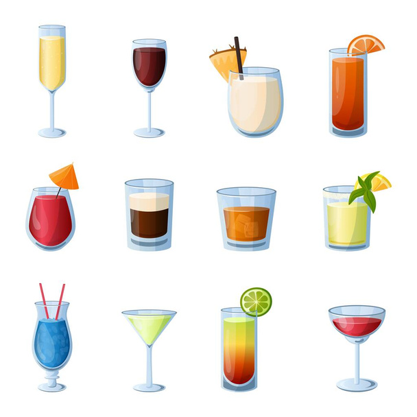 Cocktails. Cartoon alcohol beverages in different glasses for bar or restaurant menu. Bright shots and long drinks with straw or fruit pieces. Wine and champagne. Vector isolated set - Vector, imagen