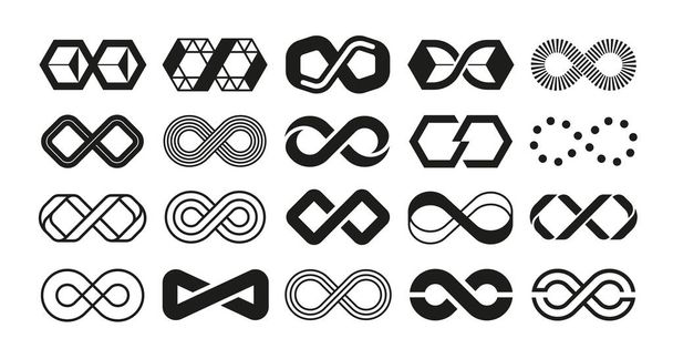 Loop logo. Infinity geometric shape for business emblem. Endless repetition and Mobius ribbon. Black and white eternity wave collection. Minimal tattoo. Vector limitless symbols set - Διάνυσμα, εικόνα