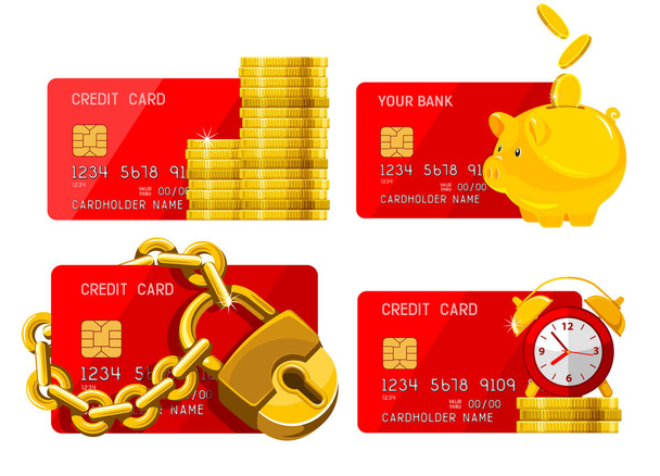Set on finance and banking theme with chipped credit card, bunch of golden coins, padlock, piggy bank and alarm clock. Concepts of wealth, savings money, receiving a cash back. Vector illustration. - Vector, Image