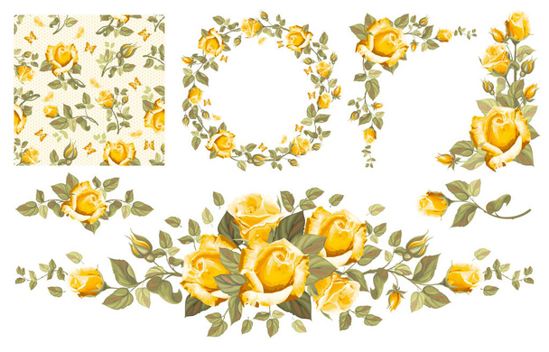 Set van vintage bloemen design elementen met gele rozen, knoppen, bladeren. Cirkelframe, naadloos patroon, hoekcomposities, prachtig vignet. Vectorillustratie. - Vector, afbeelding