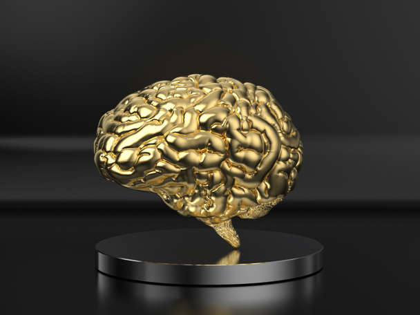 3Dレンダリング黄金の人間の脳を黒の背景に - 写真・画像