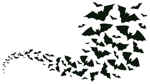 Flying halloween bats silhouettes. Bats flock flying wave, vampire flying winged spooky animals vector background illustration. Creepy halloween bats flock - Vector, Image