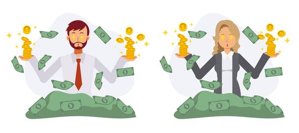 male and female Office worker are excited with coins and banknotes which surrounding. banking, profit Concept. Flat vector cartoon character illustration. - Vector, Image