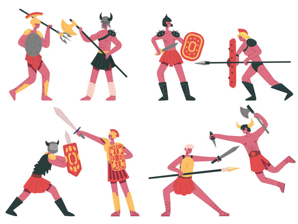 Romalı gladyatörlerle savaşmak. Savaşçı Yunan savaşçıları, Roma savaş gladyatörleri çizgi film vektör çizimi seti. Antik Romalı savaşçılar - Vektör, Görsel