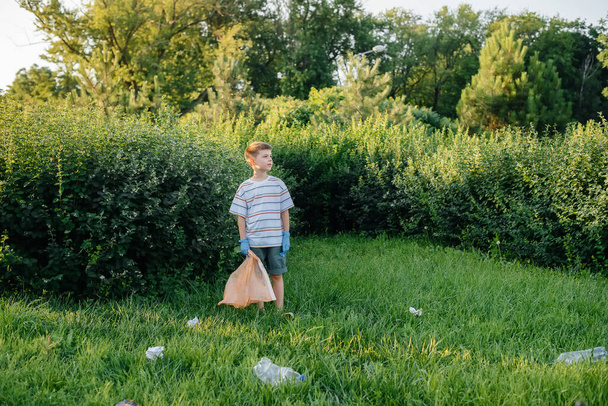 A seven-year-old boy at sunset is engaged in garbage collection in the park. Environmental care, recycling. - Foto, imagen