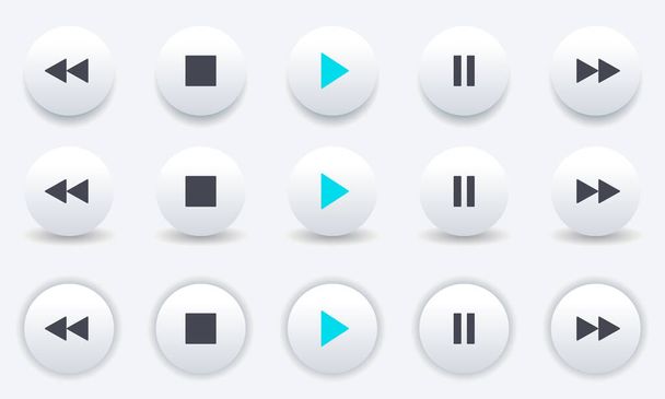 メディアプレーヤーのアイコンを設定します。ビデオまたは音楽オーディオプレーヤーを制御するためのボタン。ホワイトボリューム3D絶縁ボタンパック。再生、停止、一時停止、次の、巻き戻し、音楽プレーヤーのアイコン. - ベクター画像