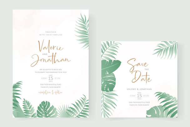 Modèle d'invitation de mariage avec feuille de palmier tropicale - Vecteur, image