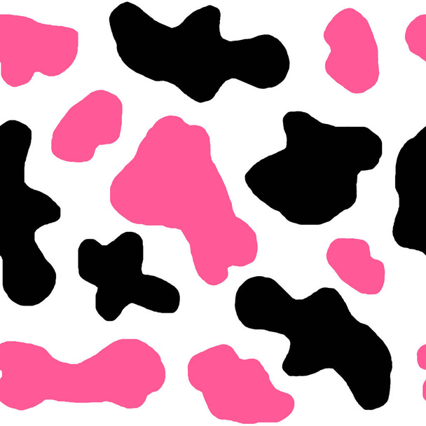 Watercolor hand drawn seamless cow print fabric pattern, black white pastel strawberry pink colors. Cowboy cow girl western background illustration design, milk farm wallpaper. - Fotoğraf, Görsel