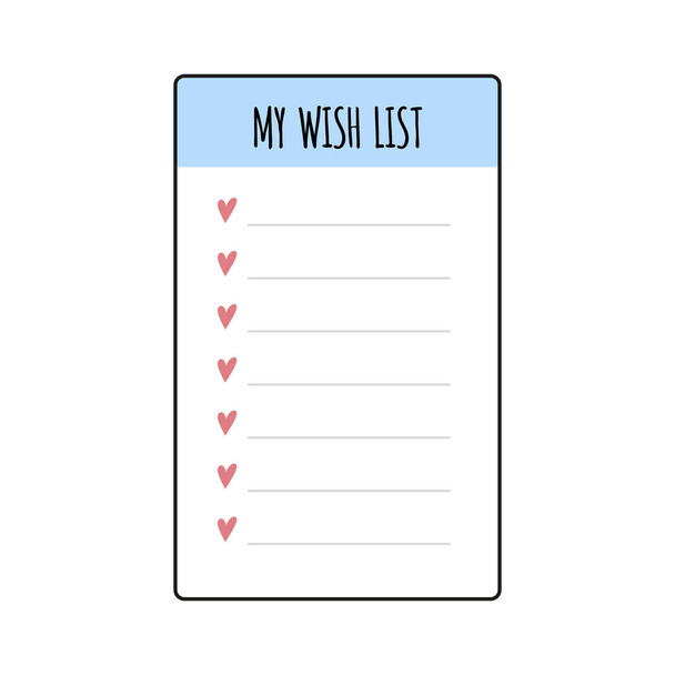 Wish list element for bullet journal. Page template with hearts. Wishlist. Vector illustration isolated on white background - Wektor, obraz