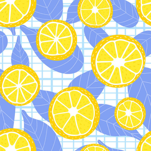 Frisches Sommermuster mit Zitronenscheiben und blauen Blättern auf kariertem Hintergrund, buntes Küchentextil - Vektor, Bild