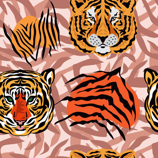 Tiger  beautiful  seamless pattern  in different colors in cartoon realistic flat style. Modern fashion print  skin design for textile, fabric, wallpaper.  Safari art style. Vector illustration - Вектор,изображение