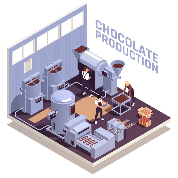 Production de Chocolat Vue Isométrique - Vecteur, image