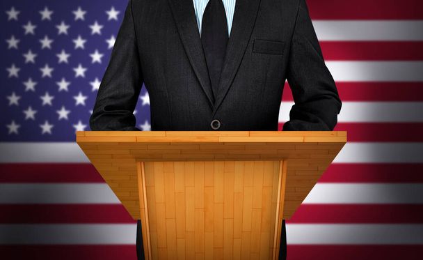Politische Persönlichkeit, die auf der Bühne der Konferenz steht und mit Medien mit amerikanischem Hintergrund spricht. Modernes politisches Konzept - Foto, Bild
