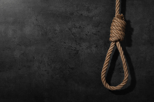 Tied rope noose against grey stone background. Space for text - Fotó, kép